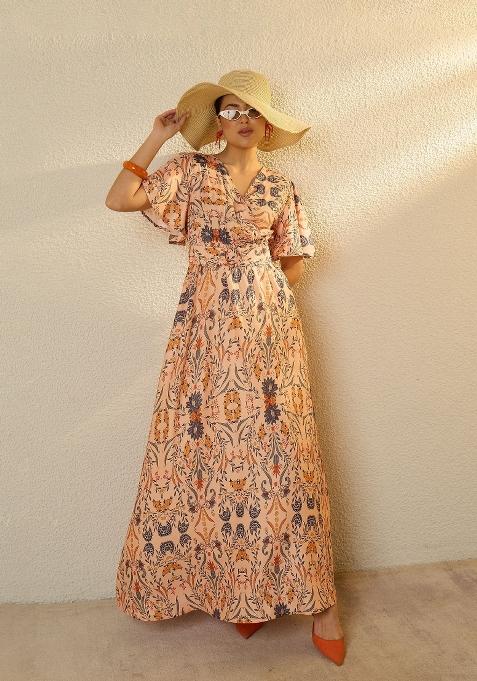 Peach Printed Polyester Dress
