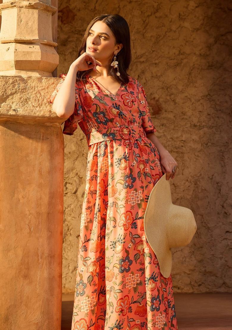 Orange Printed Polyester Dress - Indya