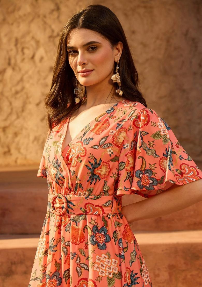Orange Printed Polyester Dress - Indya