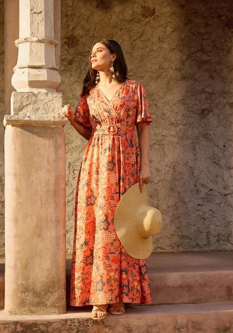 Orange Printed Polyester Dress