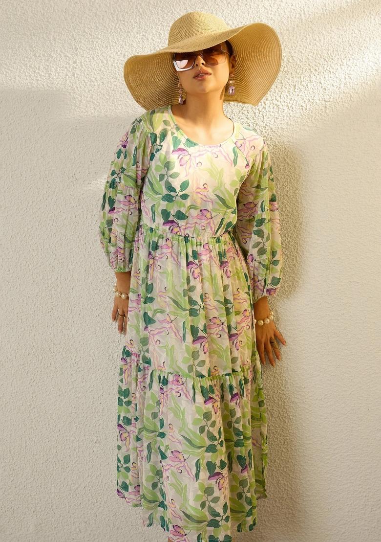 Off White Printed Georgette Dress - Indya