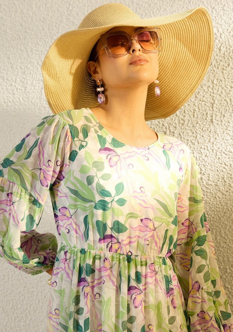 Off White Printed Georgette Dress - Indya