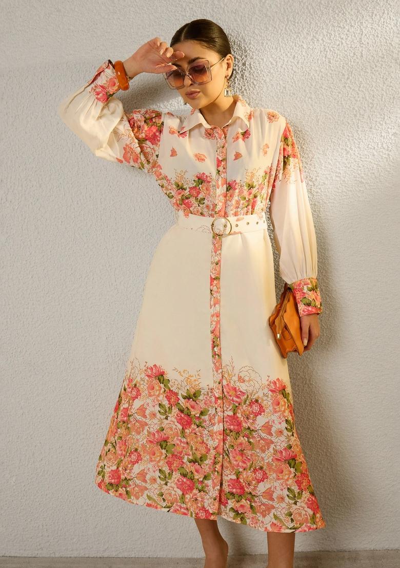 Off White Printed Polyester Dress - Indya