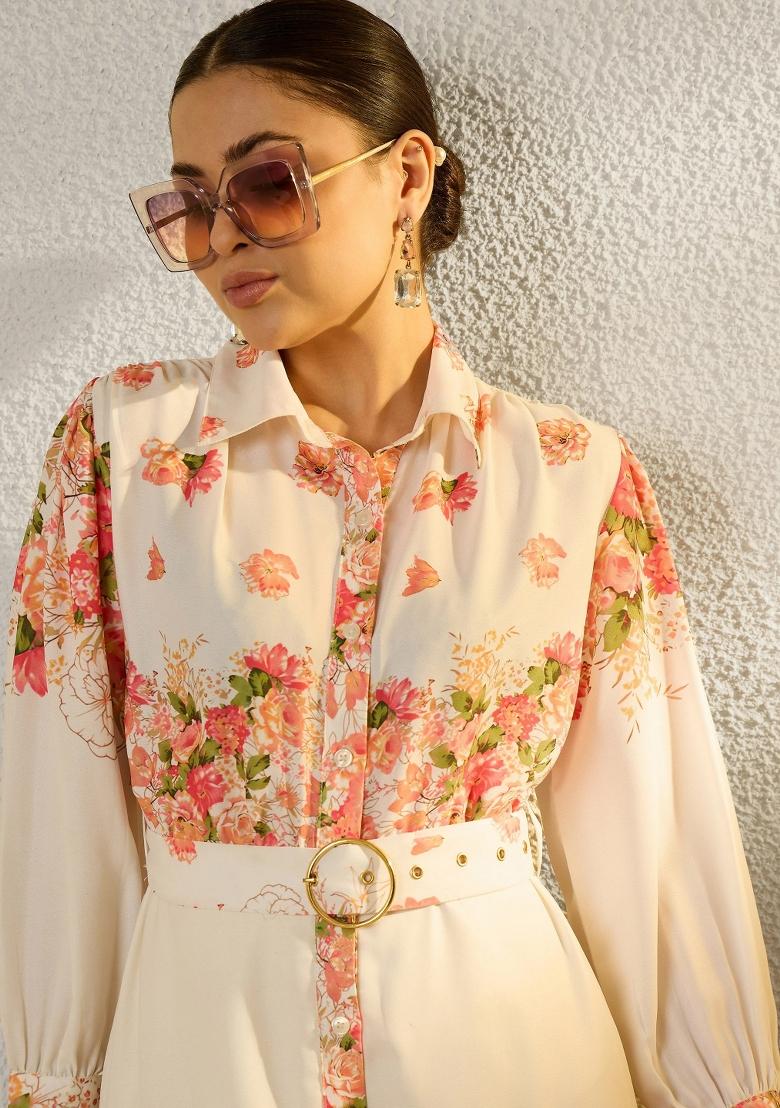 Off White Printed Polyester Dress - Indya