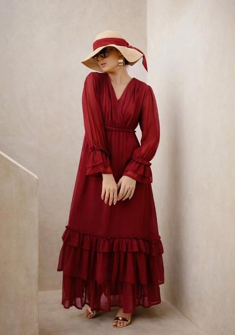 Maroon Solid Georgette Dress
