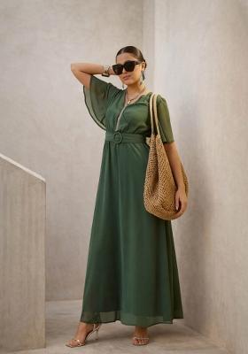 Green Solid Georgette Dress