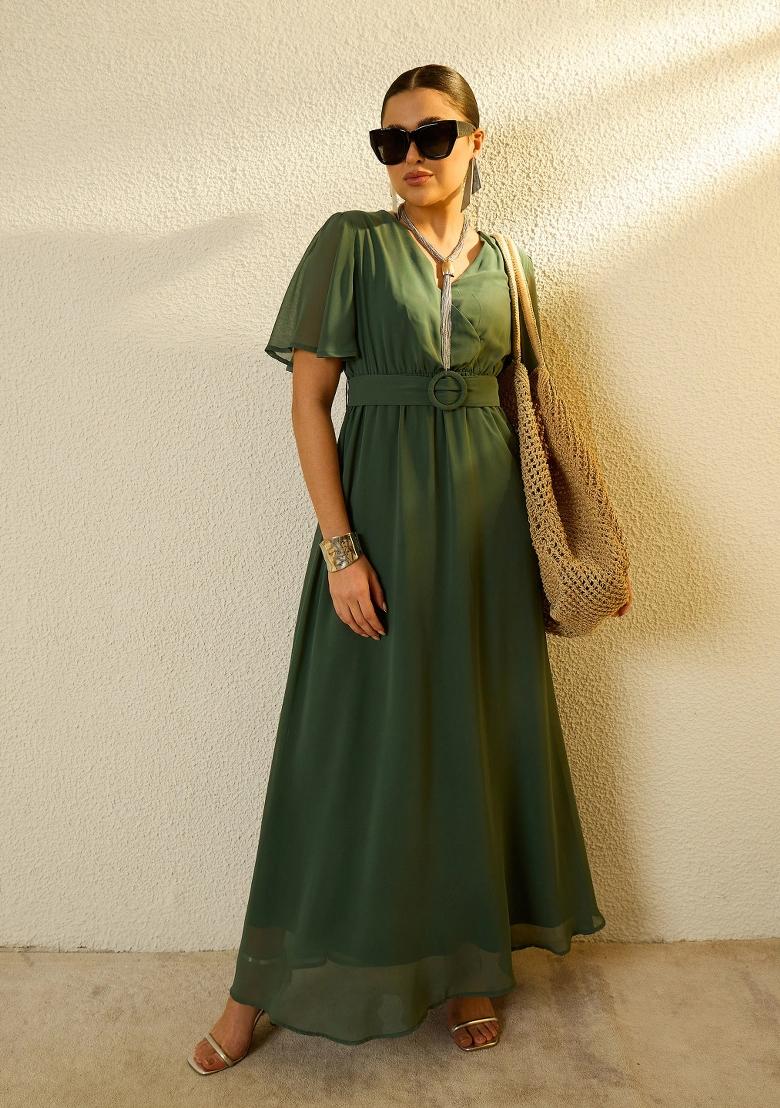 Green Solid Georgette Dress - Indya