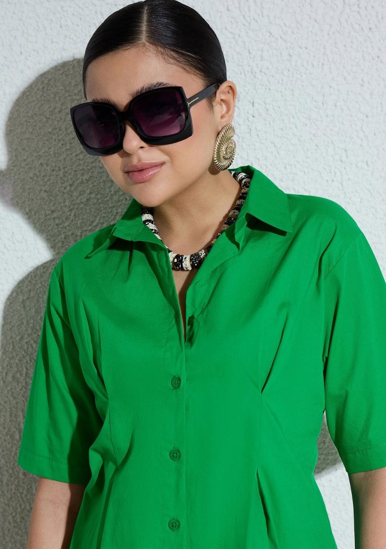 Green Solid Poplin Dress - Indya