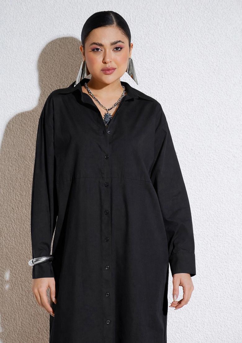 Black Solid Poplin Dress - Indya