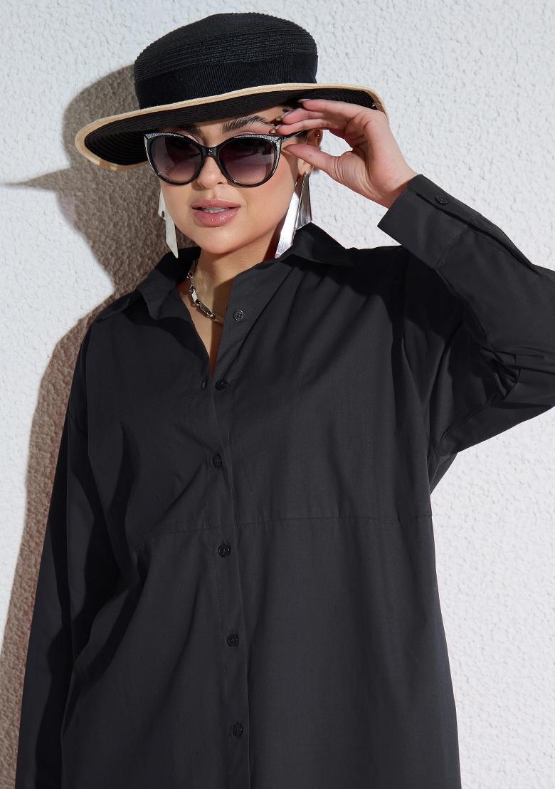 Black Solid Poplin Dress - Indya
