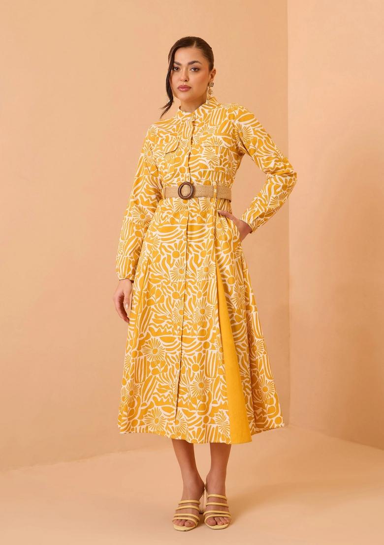 Yellow Printed Poplin Dress - Indya