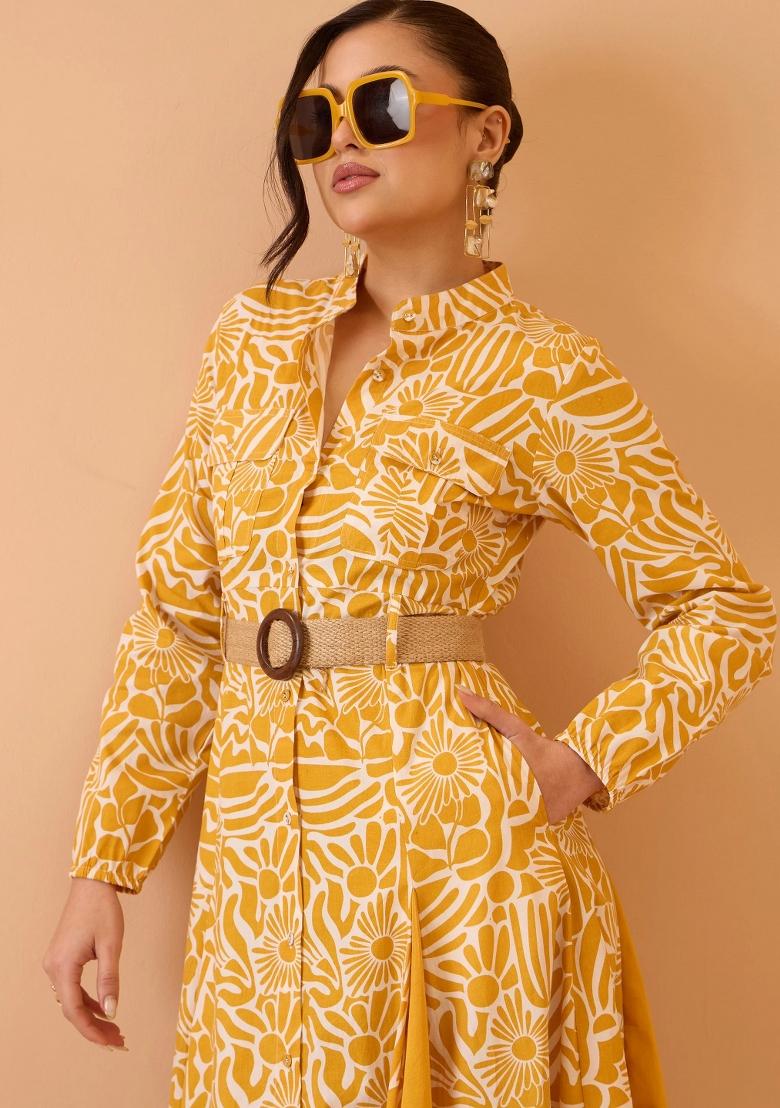 Yellow Printed Poplin Dress - Indya