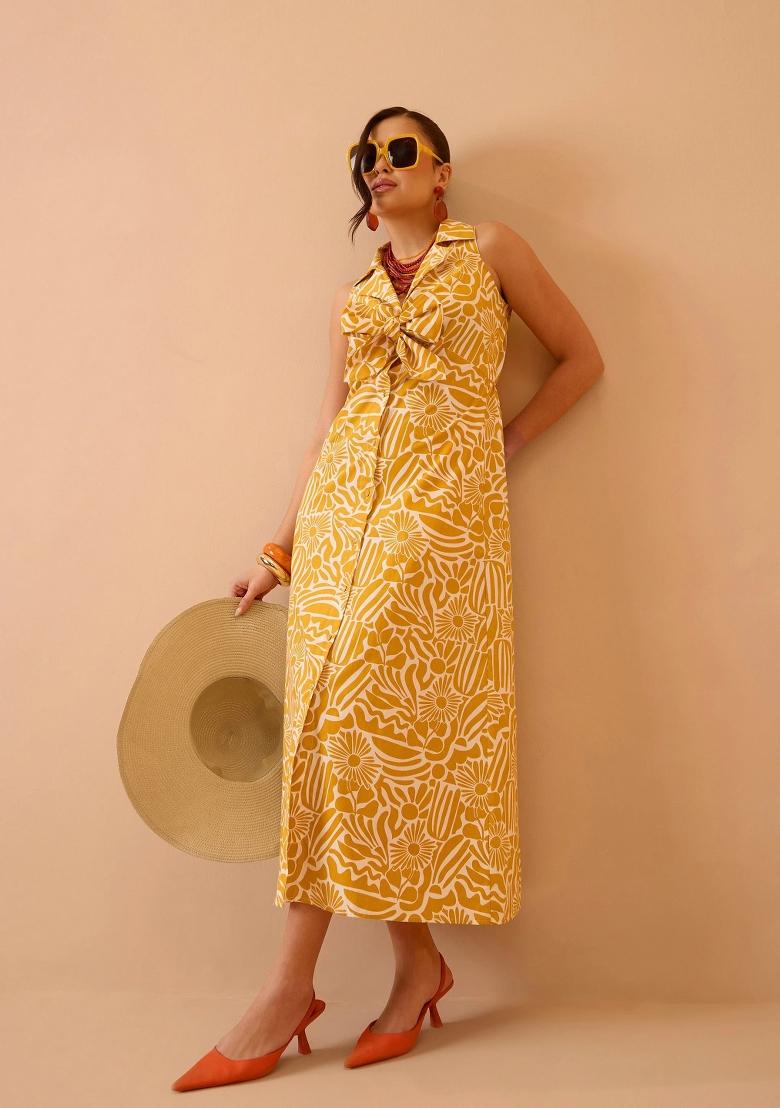 Yellow Printed Poplin Dress - Indya