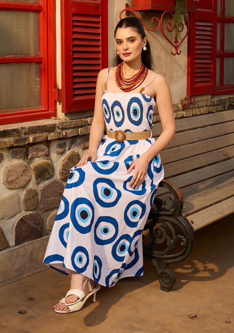 White Printed Poplin Dress - Indya