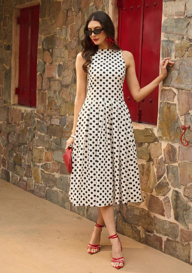 White Printed Poplin Dress - Indya
