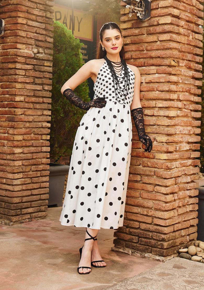 White Printed Poplin Dress - Indya