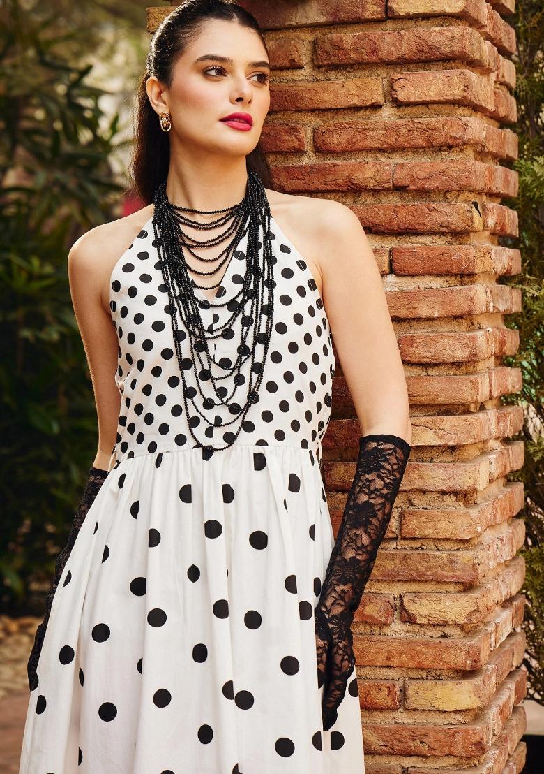 White Printed Poplin Dress - Indya