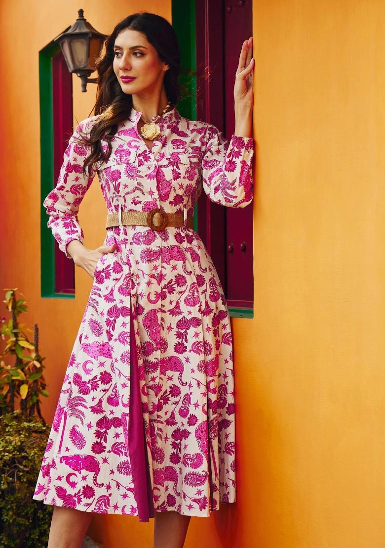 Pink Printed Poplin Dress - Indya