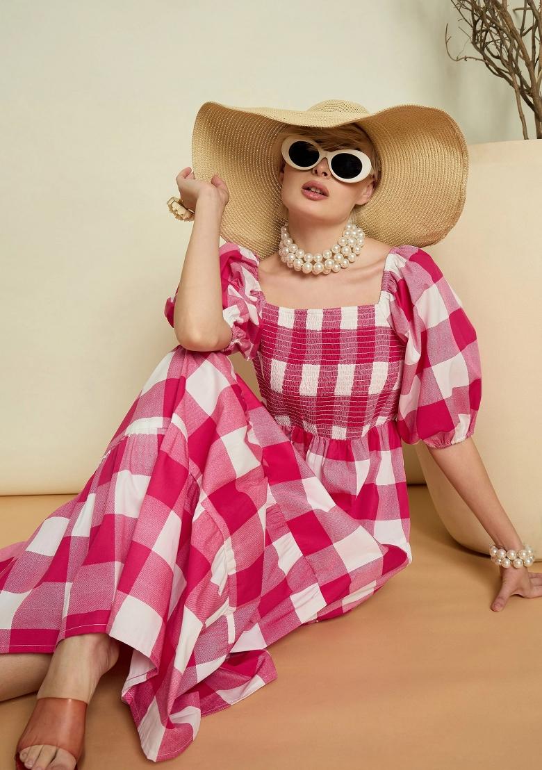 Pink Checked Poplin Dress - Indya