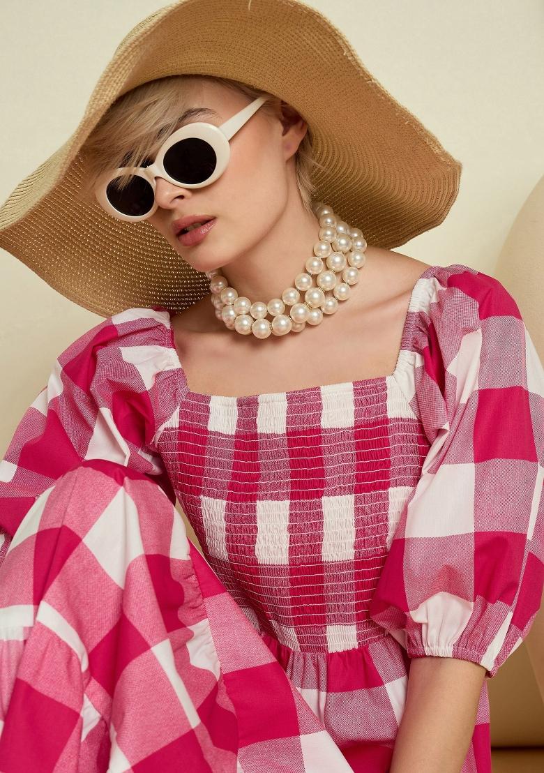 Pink Checked Poplin Dress - Indya