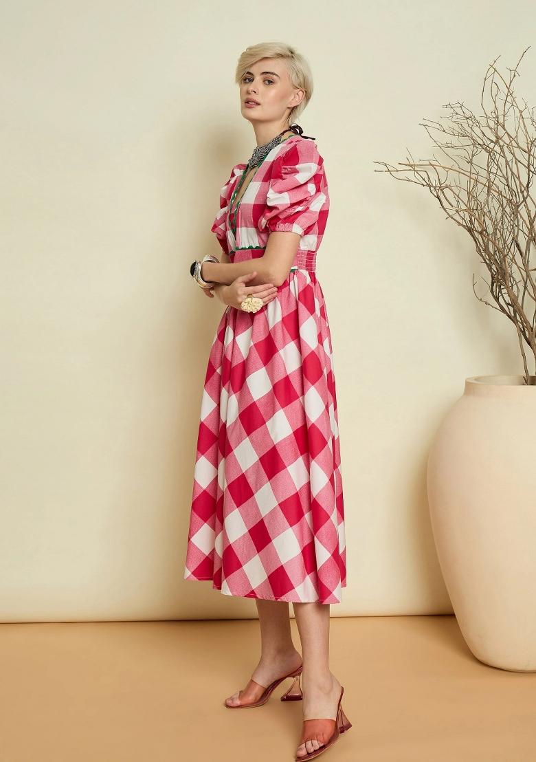 Pink Checked Poplin Dress - Indya