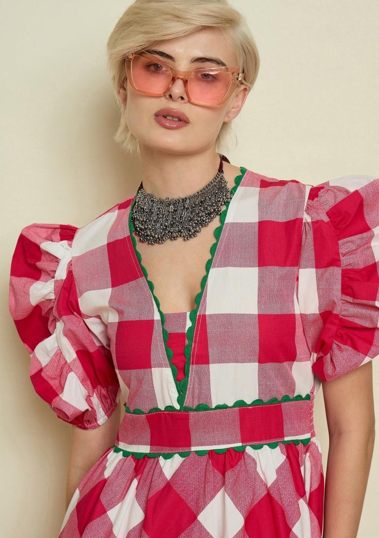 Pink Checked Poplin Dress - Indya