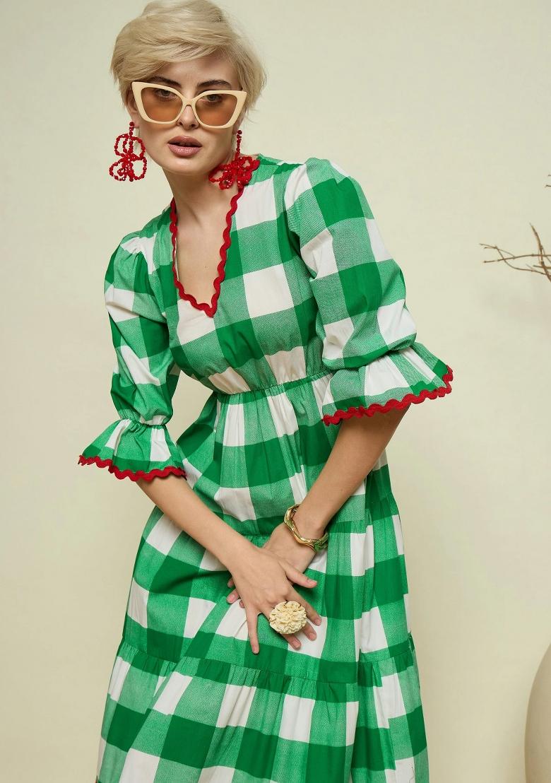 Green Checked Poplin Dress - Indya