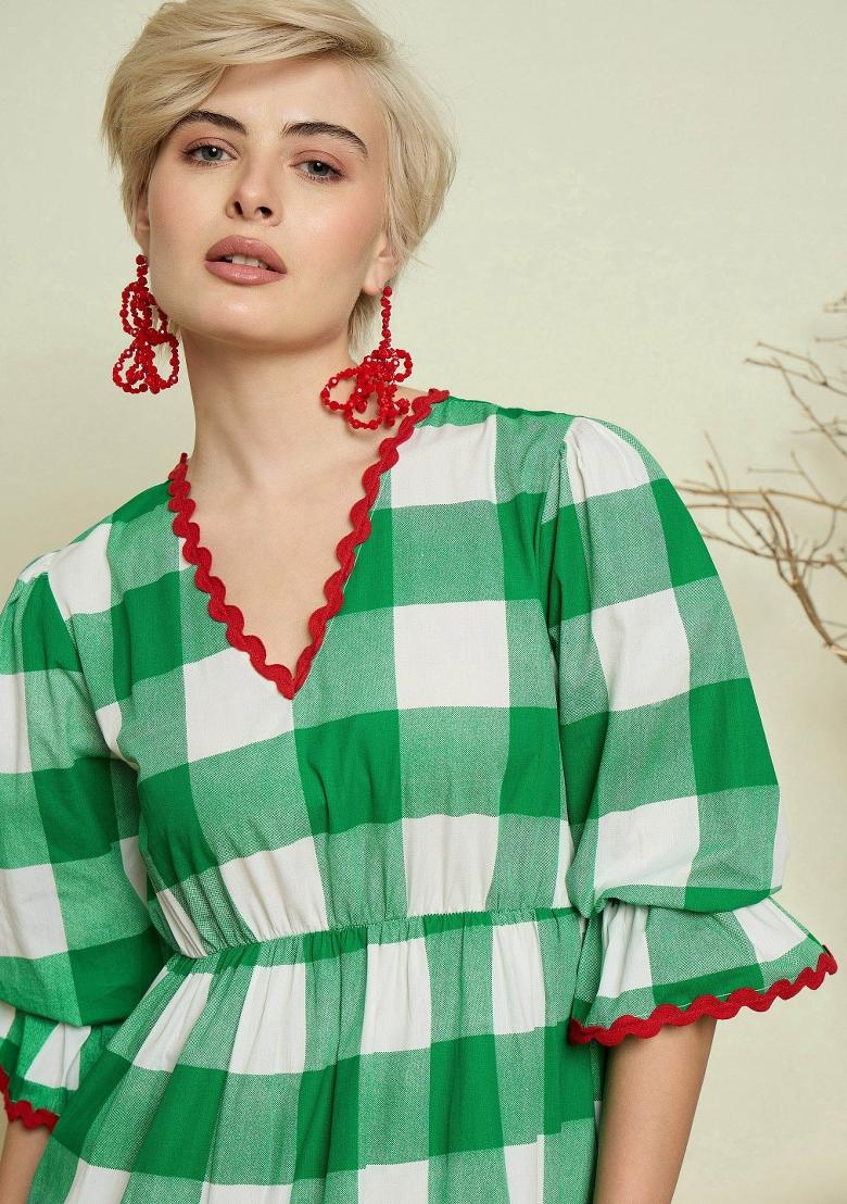 Green Checked Poplin Dress - Indya