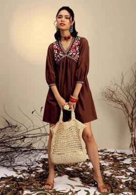 Brown Embroidered Poplin Dress