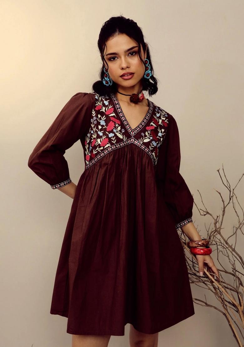 Brown Embroidered Poplin Dress - Indya