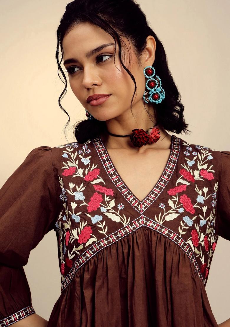 Brown Embroidered Poplin Dress - Indya