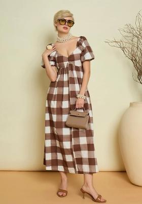 Brown Checked Poplin Dress