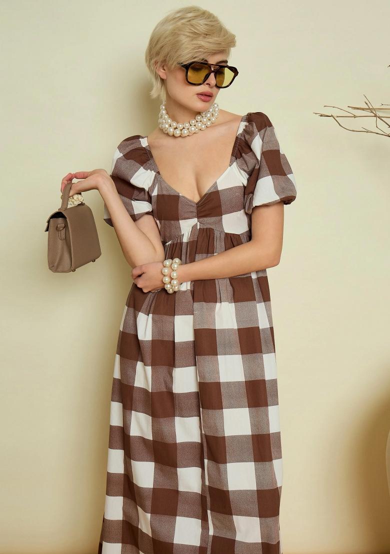 Brown Checked Poplin Dress - Indya