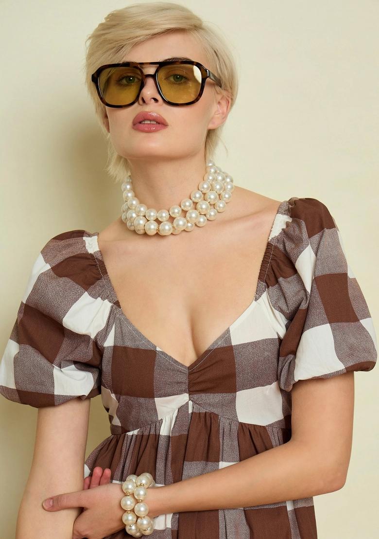 Brown Checked Poplin Dress - Indya