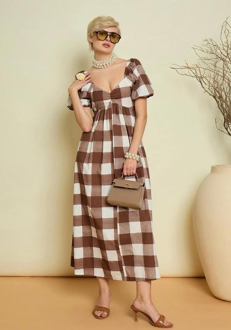 Brown Checked Poplin Dress