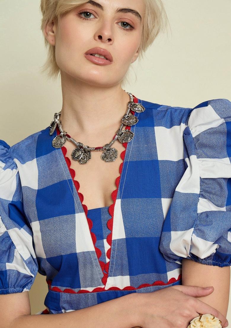 Blue Checked Poplin Dress - Indya