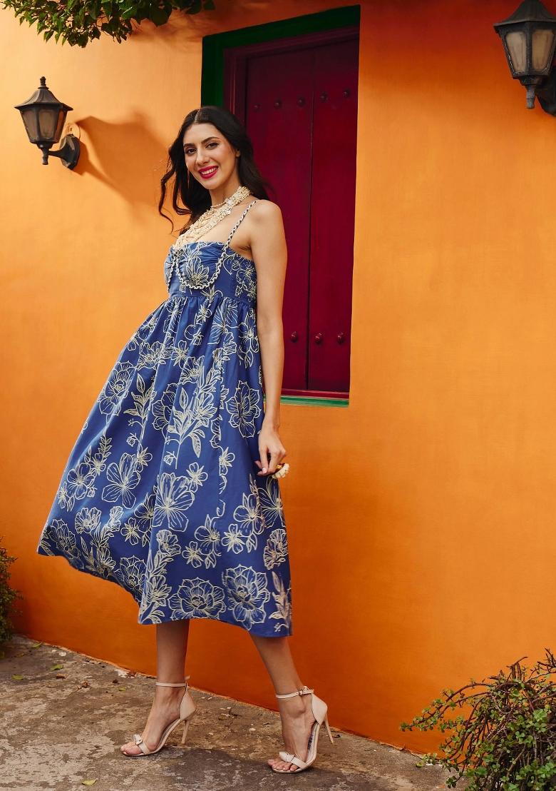 Blue Printed Poplin Dress - Indya