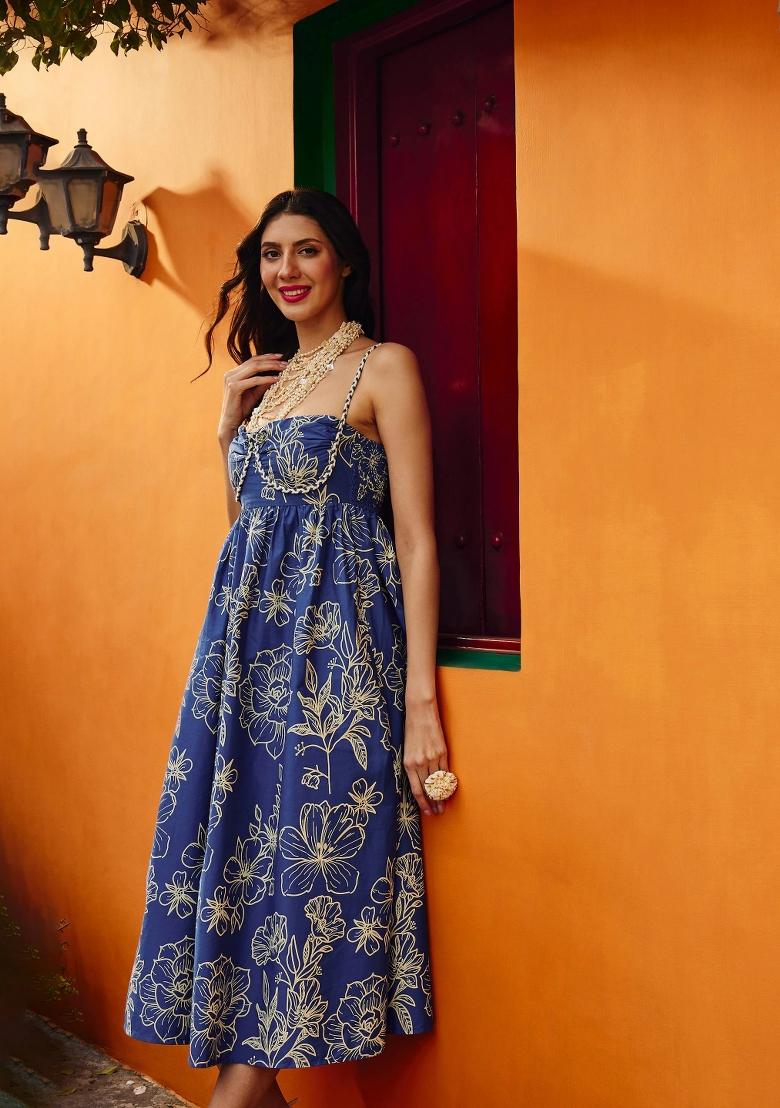 Blue Printed Poplin Dress - Indya