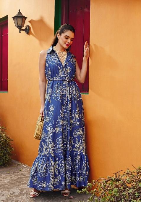 Blue Printed Poplin Dress