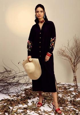 Black Embroidered Poplin Dress