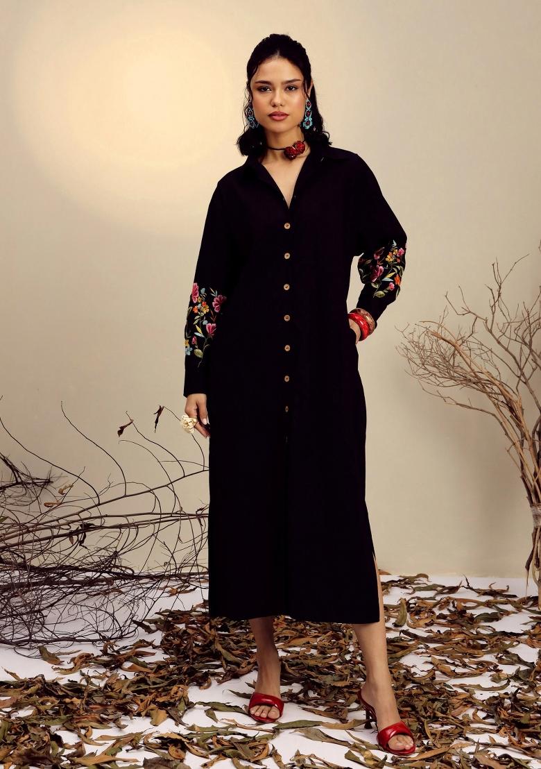 Black Embroidered Poplin Dress - Indya