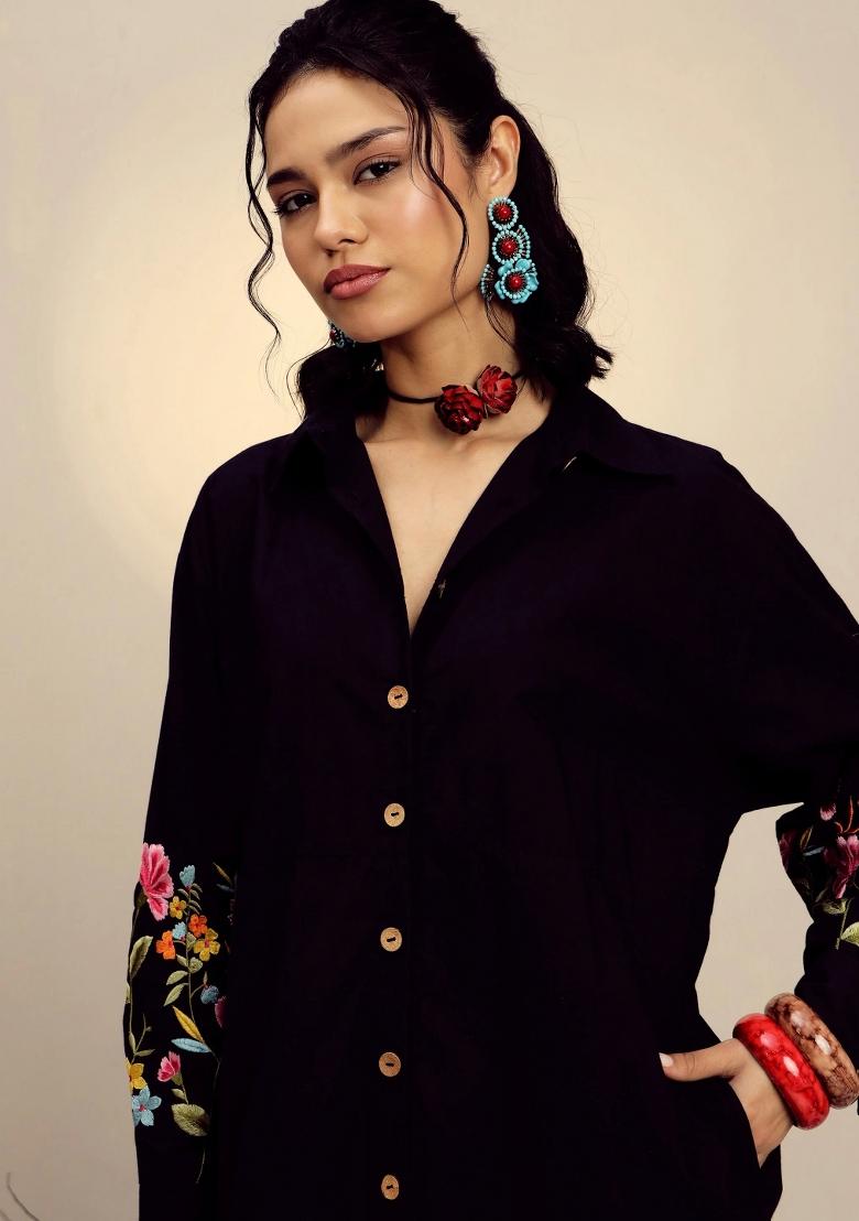 Black Embroidered Poplin Dress - Indya