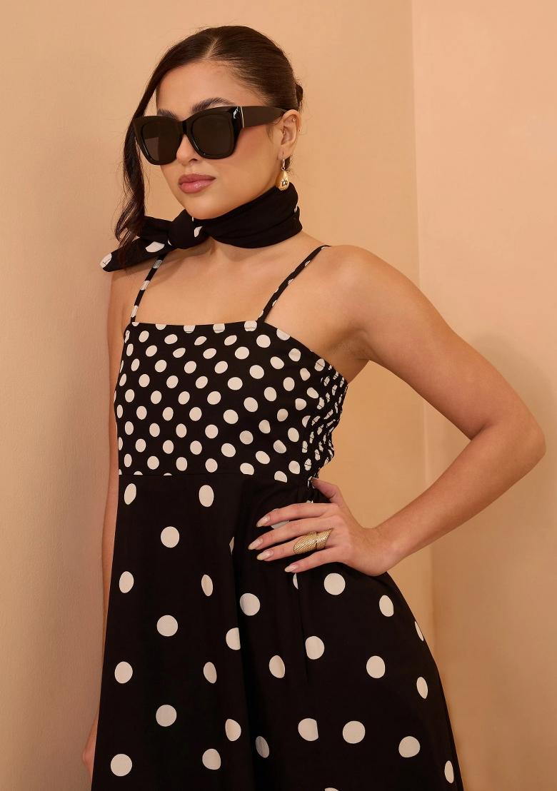 Black Printed Poplin Dress - Indya