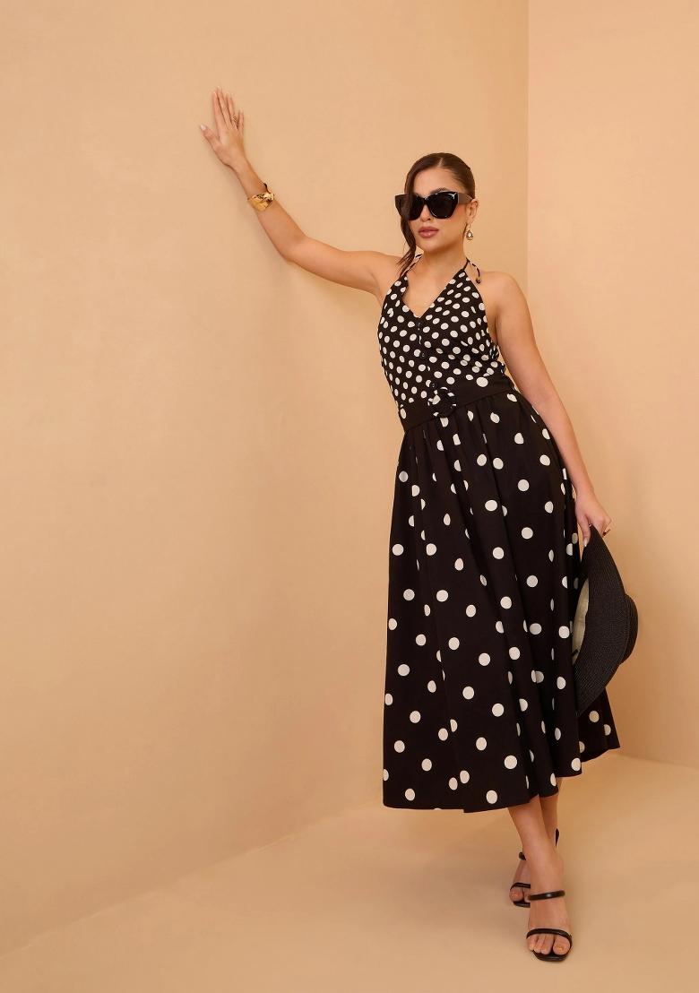 Black Printed Poplin Dress - Indya