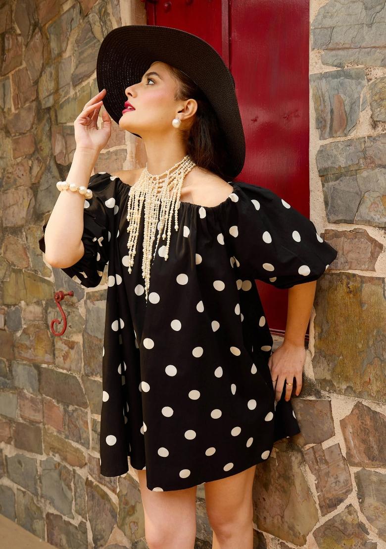 Black Printed Poplin Dress - Indya
