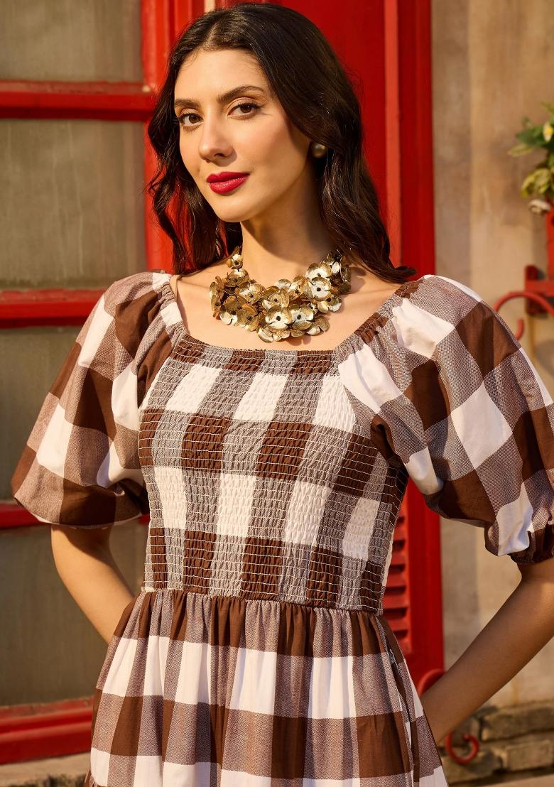 Brown Solid Poplin Dress - Indya