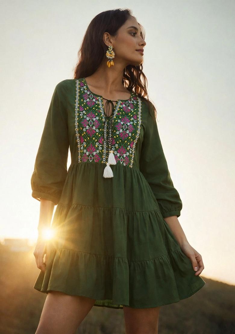 Olive Solid Poplin Dress - Indya