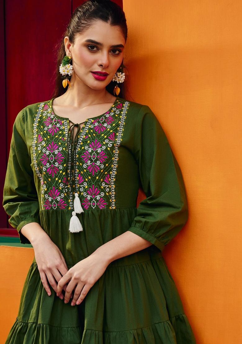 Olive Solid Poplin Dress - Indya