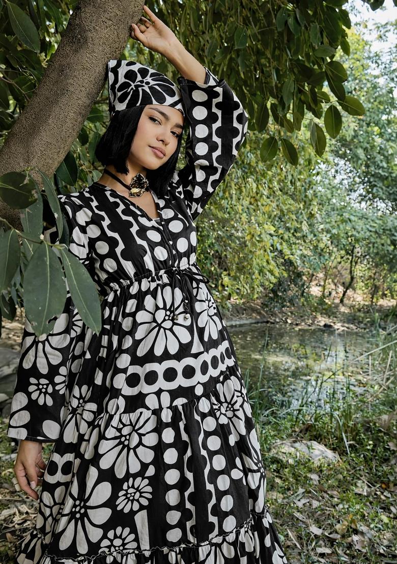 Black Printed Poplin Dress - Indya