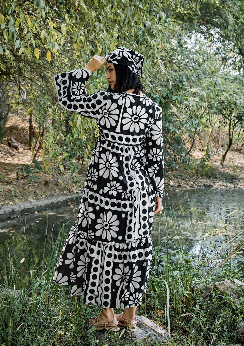 Black Printed Poplin Dress - Indya